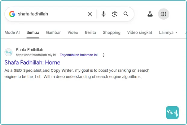 Hasil pencarian google SERP shafa fadhillah